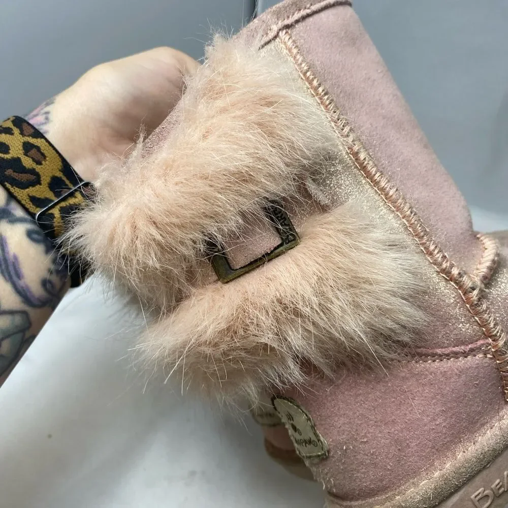 BEARPAW Elle Exotic Pink faux fur Youth Boots - Size 12 - GUC